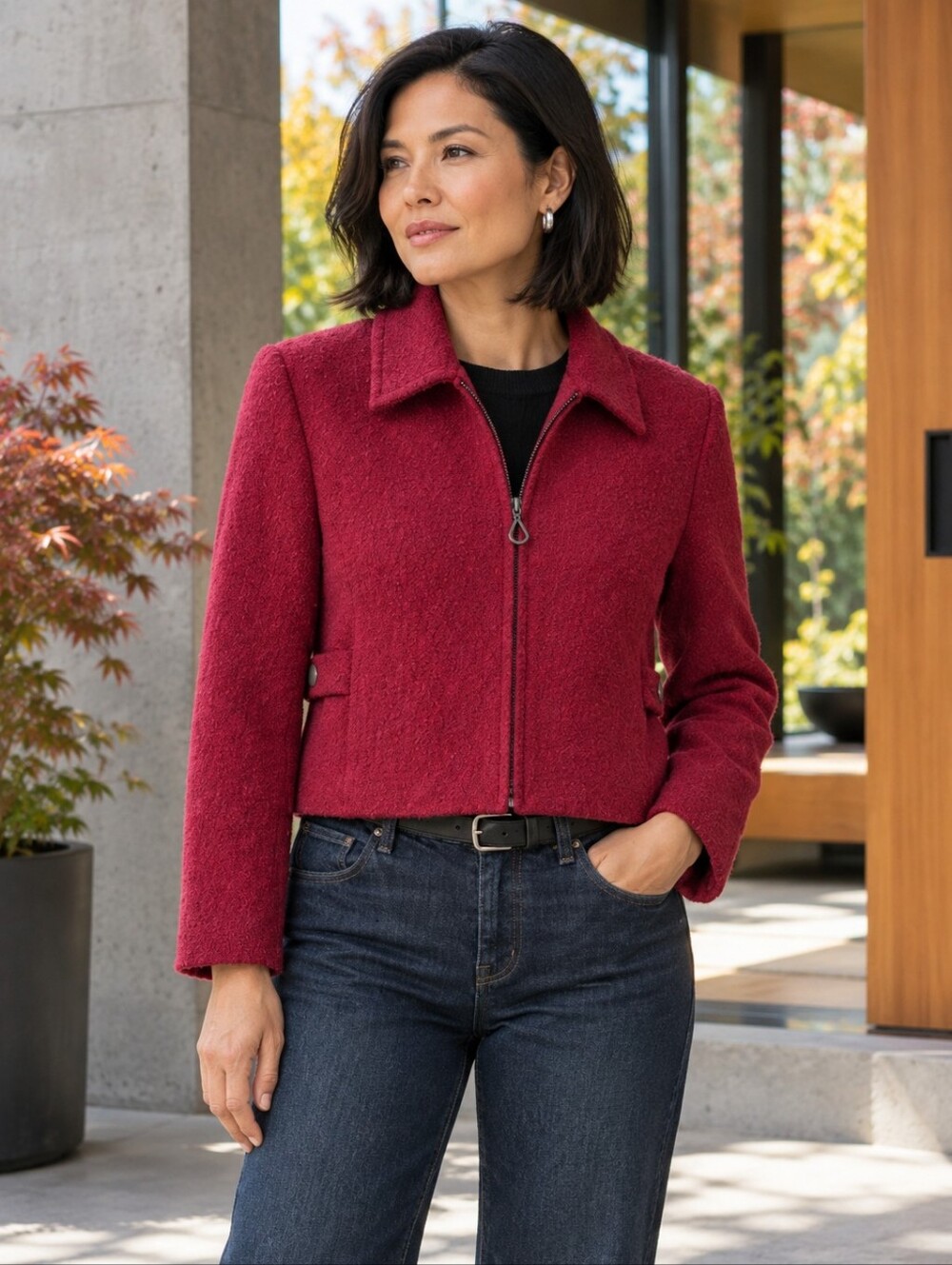Vintage Pendleton Red Boucle Wool Cropped Zip Jacket 14 Petite Made USA